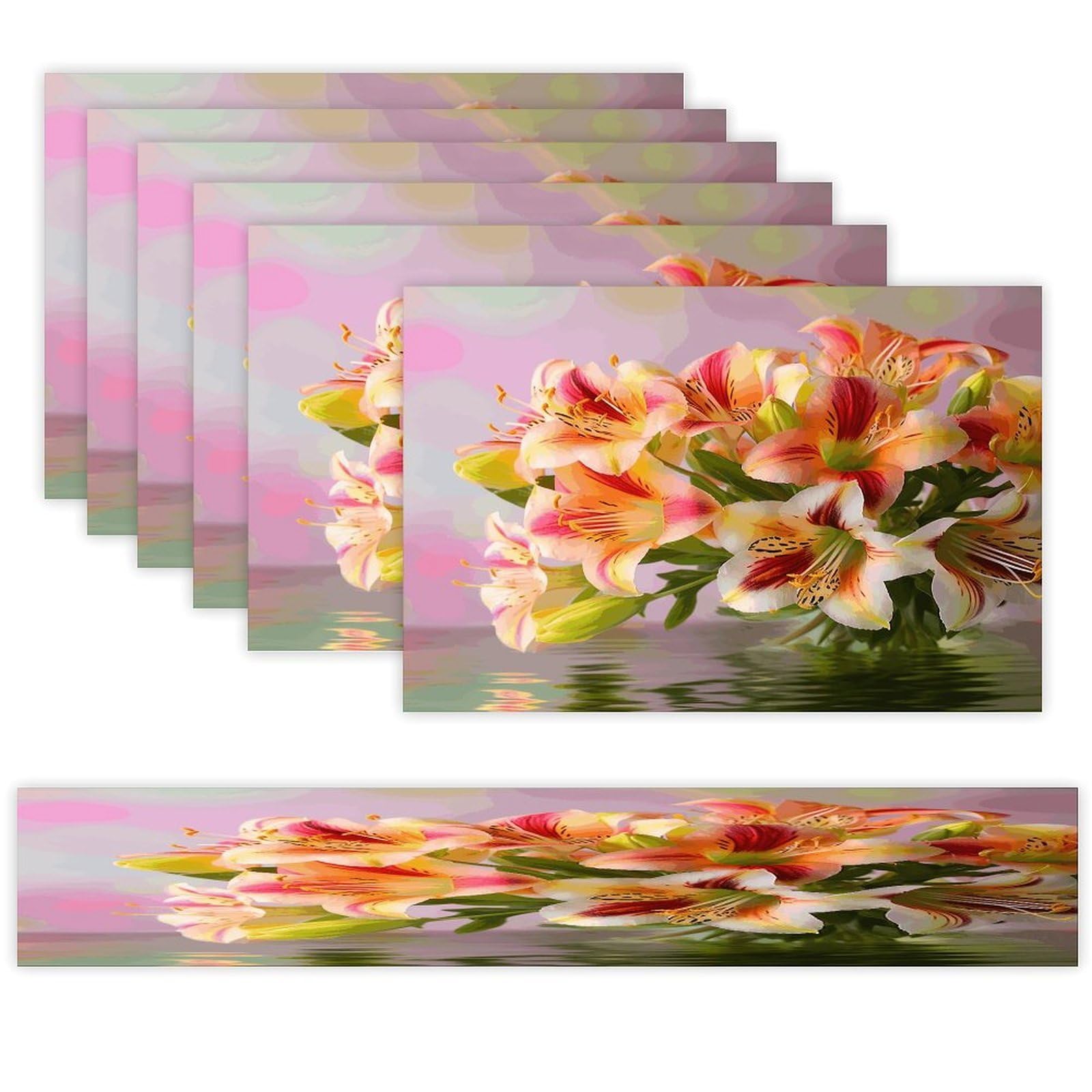 Alstroemeria Table Runner and Placemats Set of 6 Wipe Clean Heat Resistant Table Mat with Table Runner Decorations Flax Linen Place Mat Set for Home Kitchen Party Supplies