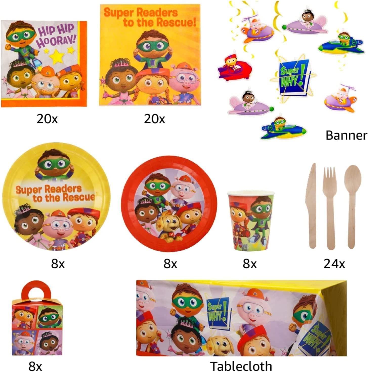 Super Why! Party In A Box Complete Party Kit: 8 Plates, 8 Dessert Plates, 20 Napkins, 8 Cups, 8 Favor Boxes, 24 Utensils, 1 Tablecloth, & 1 77" Banner - All Characters Included!
