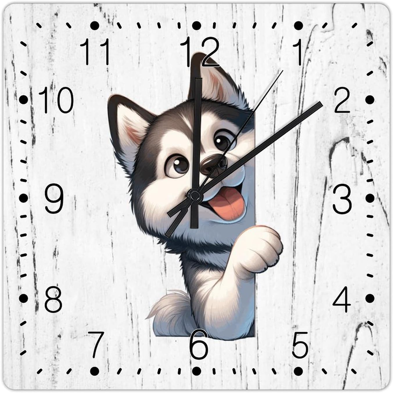 Siberian Husky Wall Clock Siberian Husky Dog Peeking ASquare Corner Decorative Wall Clock New Puppy Dog Square Wooden Clocks Non-Ticking Silent Wall Clock for Home Living Room 15x15in