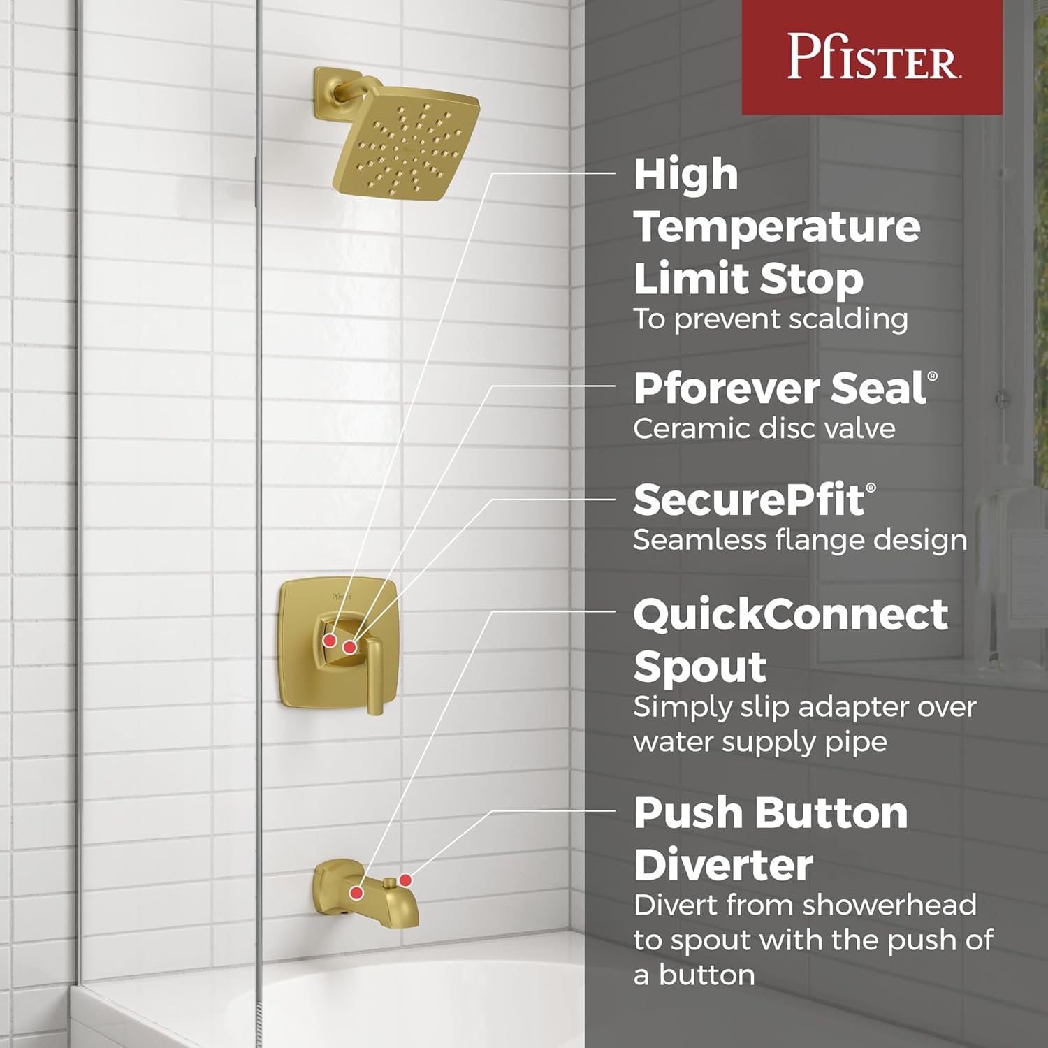 Pfister Bruxie Tub & Shower Trim Kit, Valve and Cartridge Included, 1-Handle, Brushed Gold Finish, 8P8WS2BIESBG