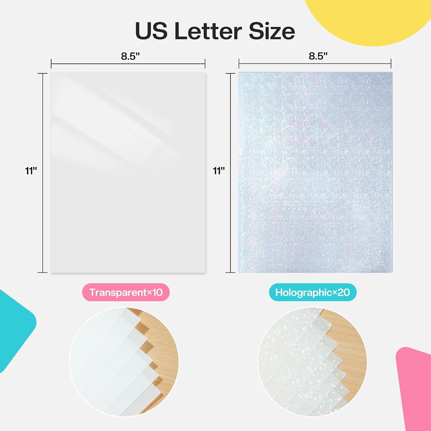 Likcut Laminating Sheets 8.5" × 11" - 20 Holographic+10 Transparent Laminate Sheets for DIY Stickers, Photos, School Projects, Home Crafts, Label Making, Small Business, No Machine Needed