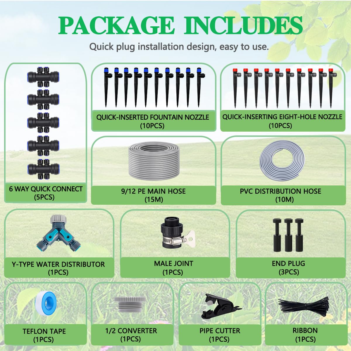 Kit di irrigazione a goccia da 82 m, emettitore di irrigazione a goccia da 1/4", emettitore di irrigazione a goccia a forma di ventola, sistema di irrigazione a goccia automatico a connessione rapida