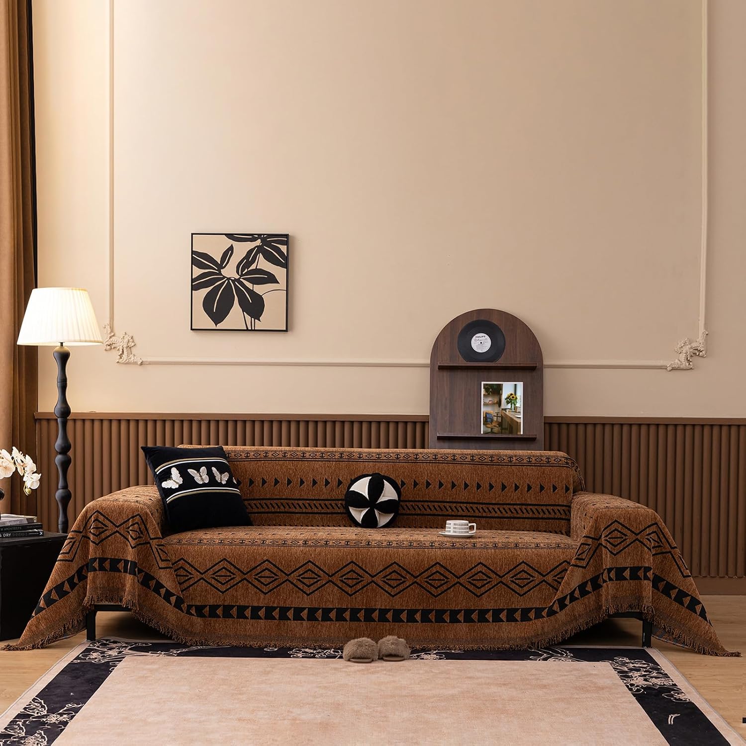 ROOMLIFE Dark Brown Couch Cover 3 Cushion Sofa, Washable Non Slip Furniture Sofa Protector Cover, Soft Chenille Sofa Slipcovers Sectional L Shape Dogs Couch Cover Throw Blanket with Tassels71''X150''