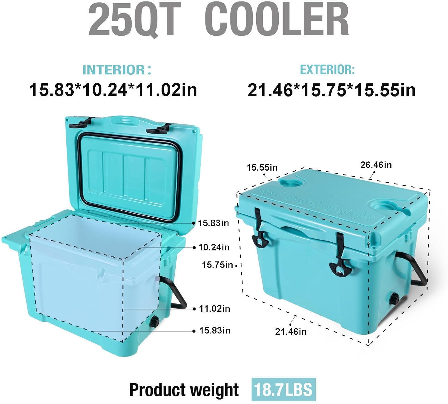 25QT ice Coller with Bottle Opener, Cup Holder, Forming Ruler and Portable Handle Outdoor Insulated Cooler Long-Term Insulation, for Camping, Fishing and Everyday Use