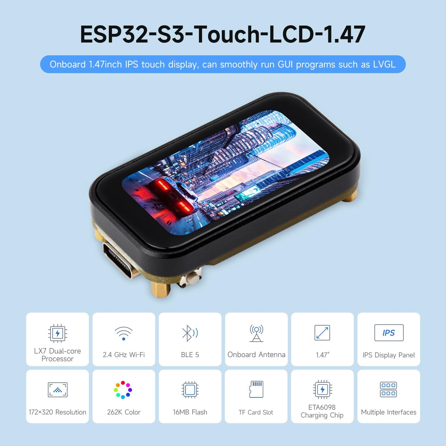 Waveshare ESP32-S3 1.47inch Touch Display Development Board, 172×320 Resolution, 262K Display Color, Supports 2.4GHz Wi-Fi/BLE 5, 240MHz LX7 Dual-core Processor