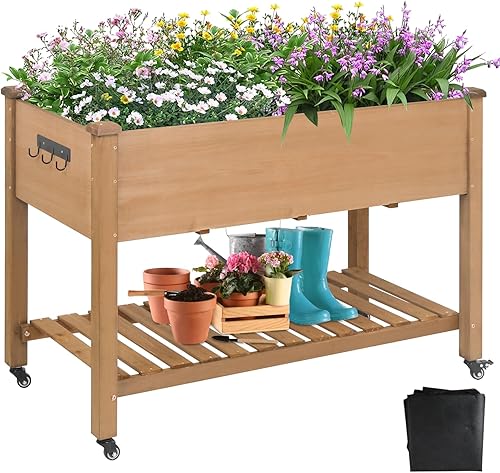 Maceta de jardín elevada con ruedas 48x24x30 pulgadas, caja de maceta de madera elevada puede cultivar verduras, flores y hierbas adecuada para el