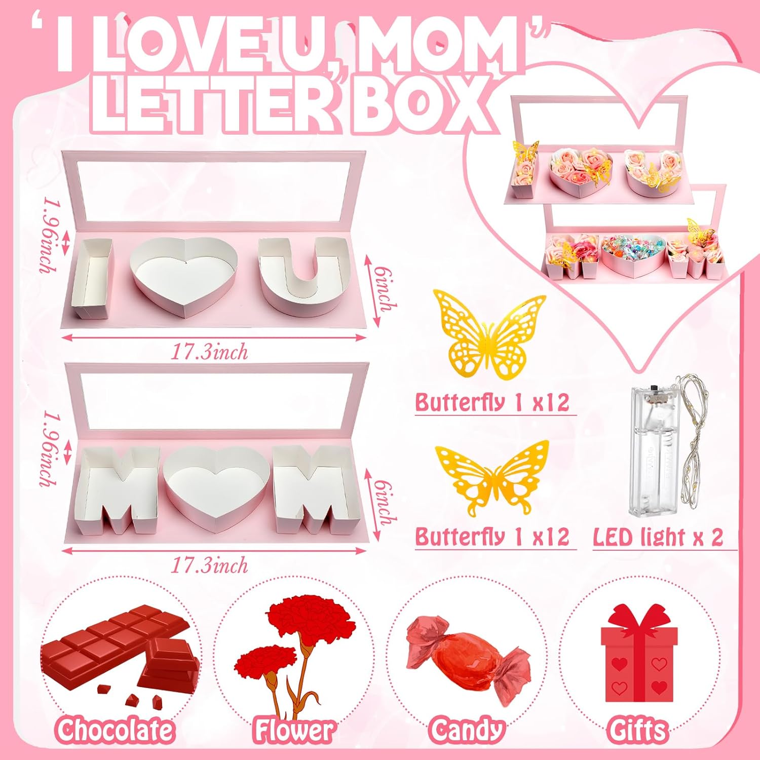 Vertintong 2 Sets Mother's Day Gift Empty Mom Fillable Flower Gift Boxes I Love U Cardboard Letter Shaped Fillable Packaging Box with 24 Pcs Gold Butterfly Decoration for Mother's Day Birthday(Pink)