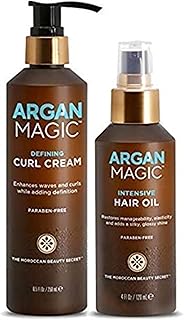 Argan Magic Defining Curl Cream & Hair Cream Oil Combo Pack - Enhances Waves & Curls, Adds Definition | Restores Manageability | Adds Silky, Glossy Shine | Paraben Free (8.5 oz / 4 oz)