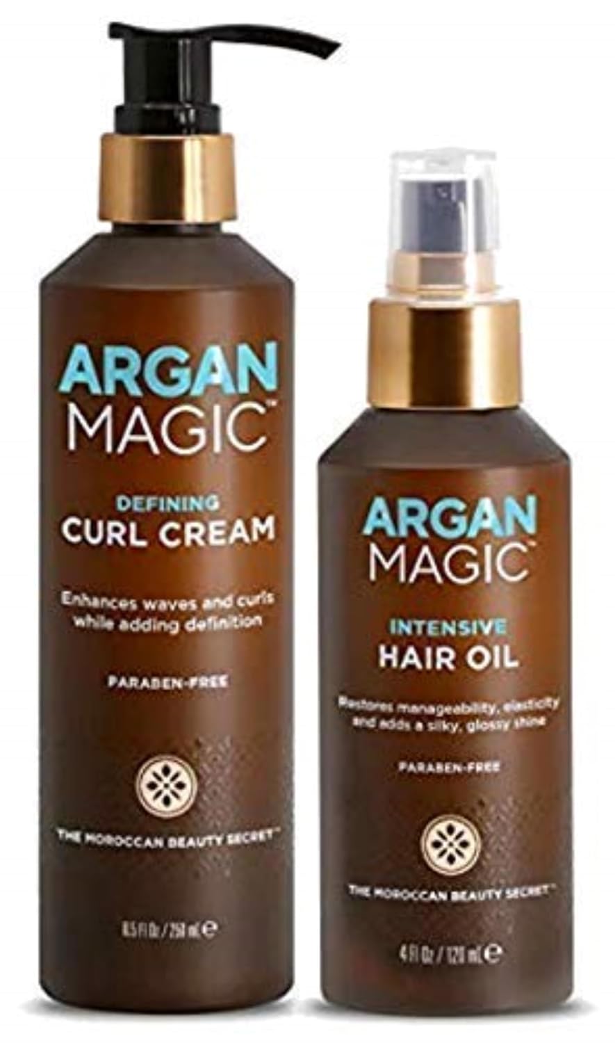 Argan Magic Defining Curl Cream & Hair Cream Oil Combo Pack - Enhances Waves & Curls, Adds Definition | Restores Manageability | Adds Silky, Glossy Shine | Paraben Free (8.5 oz / 4 oz)