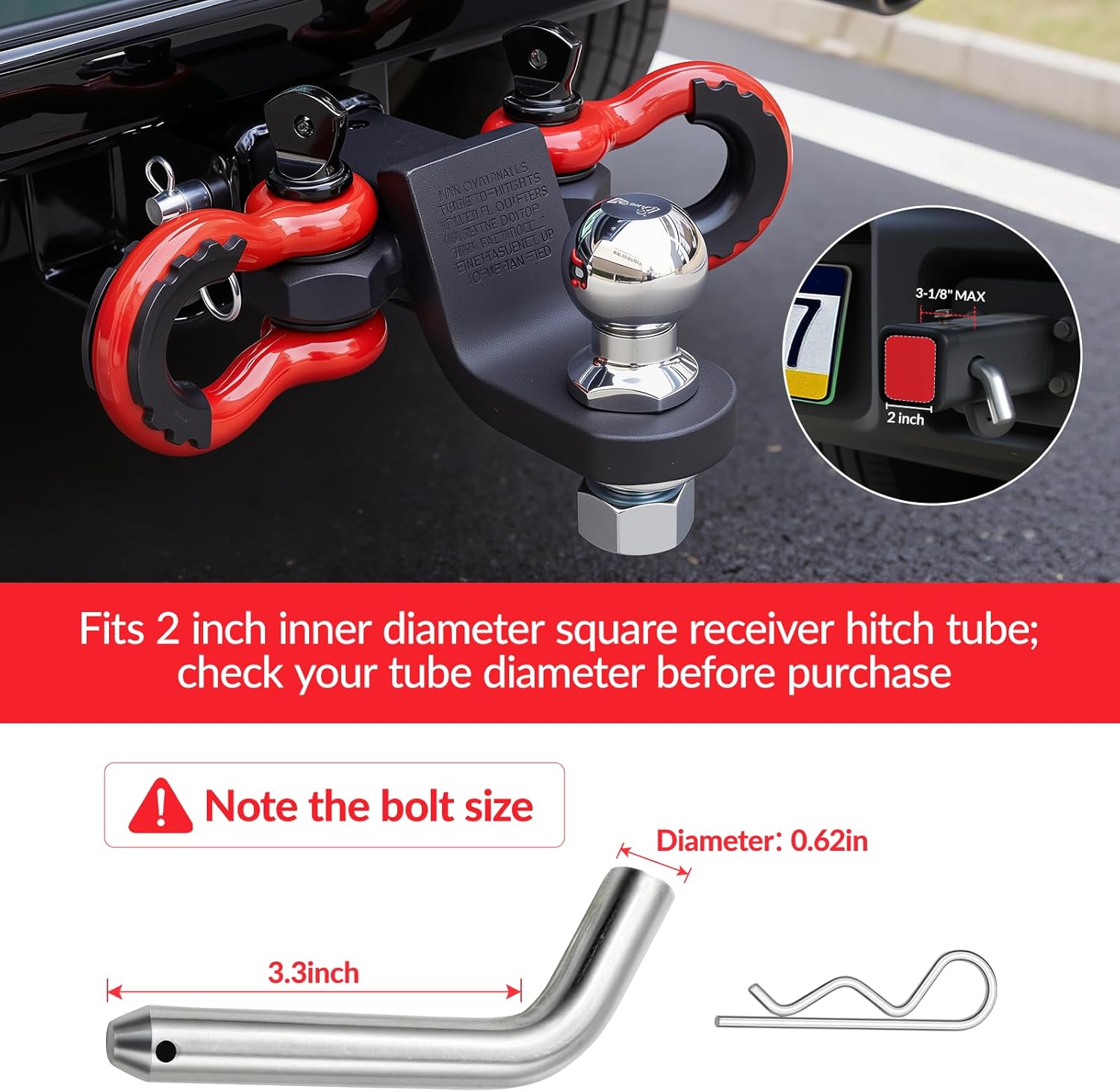 Trailer Hitch Ball Mount with 2 D Ring Tow Shackles Compatible with 2" Hitch Receiver 7500 lbs Capacity, 2" Ball Hitch and 3/4" Red Shackle Combo Suitable for Trucks, Suvs, Sedans, and Other Vehicles