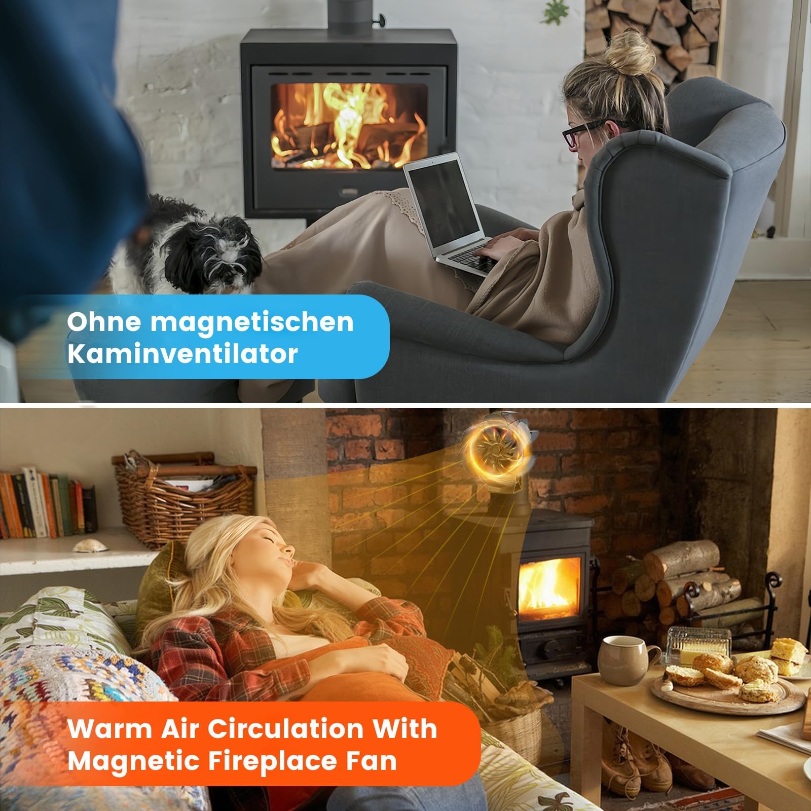 JossaColar Ofenventilator Kaminventilator Magnetisch | 6 Klingen Kaminventilator Ofenrohr Ventilator | Ofenventilator Ohne Strom | Kamin Ventilator inkl. Magnetisches Thermometer