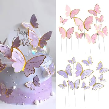 Butterfly Cake Topper 3D Butterfly Cupcake Topper for Baby Shower Wedding Birthday Party Decor, 4 Styles 40pcs Happy Birthday Cake Wedding Party Food Decorations Supplies (Purple & Pink)