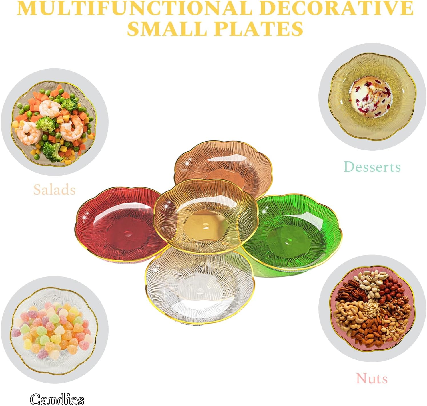 Set of 5 Appetizer Plates with Gold Rim 6 Inch, Small Dessert Lunch Salad Plates, Reusable Plastic Party Cocktail Plates, Pinch Bowls for Cooking Prep, Side Dish Serving for Dinner, White