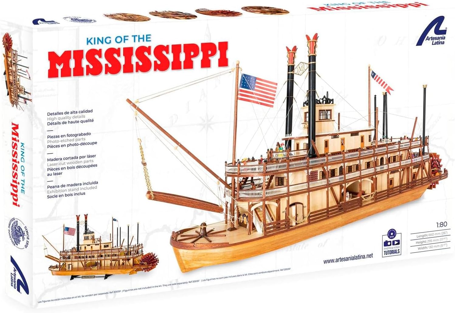 Artesanía Latina - Wooden Model Ship Kit - Paddle Steamer King of The Mississippi - Model 20515, Scale 1:80 - Scale Models for Assembling - Intermediate Level