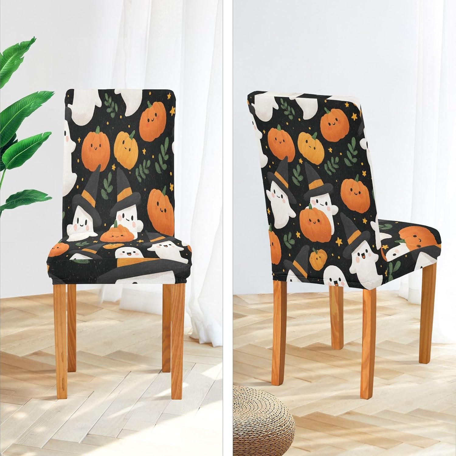 ALAZA Chair Covers for Dining Room, Ghosts Pumpkins Magic Hats Pattern Stretch Chair Cover Sets Chair Protector Removable Washable for Ktichen Restaurant Hotel