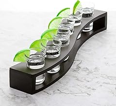 1 oz Shot Glasses with Holder, Shot Glass Set in Black Wooden Shot Tray, 6 Heavy Base Shot Glasses for Whiskey/Vodka/Tequila/Cocktail/Soju, Shot Serving Tray, Good Helper for Bar/Restaurant/Party