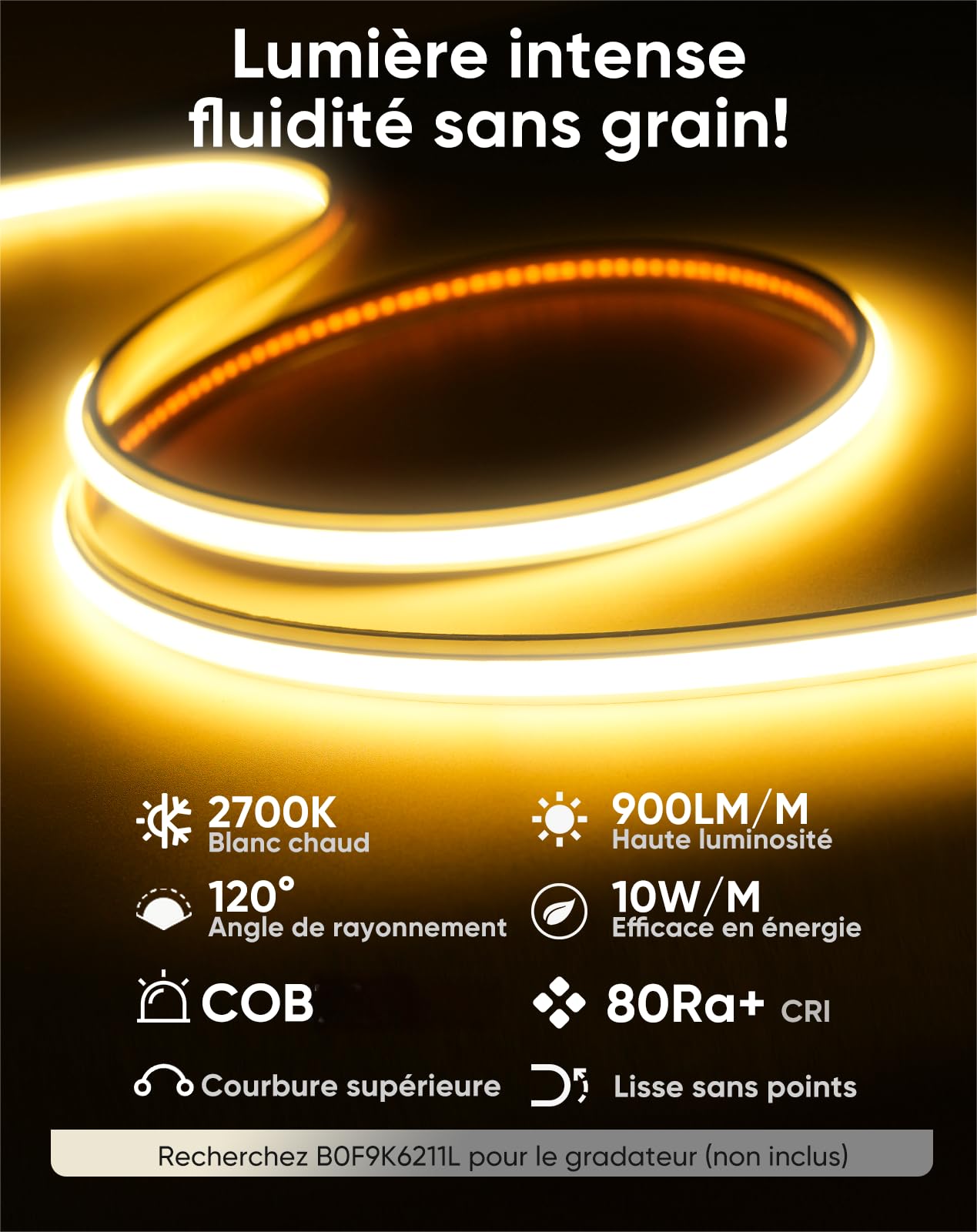 230V COB Ruban LED Extérieur, 240 LEDs IP67 Etanche Autocollant, Bande LED 900LM Sans Transformateur Flexible Découpable pour Chambre, Cuisine, Exterieur Décoration, 2700K Blanc chaud, 5m