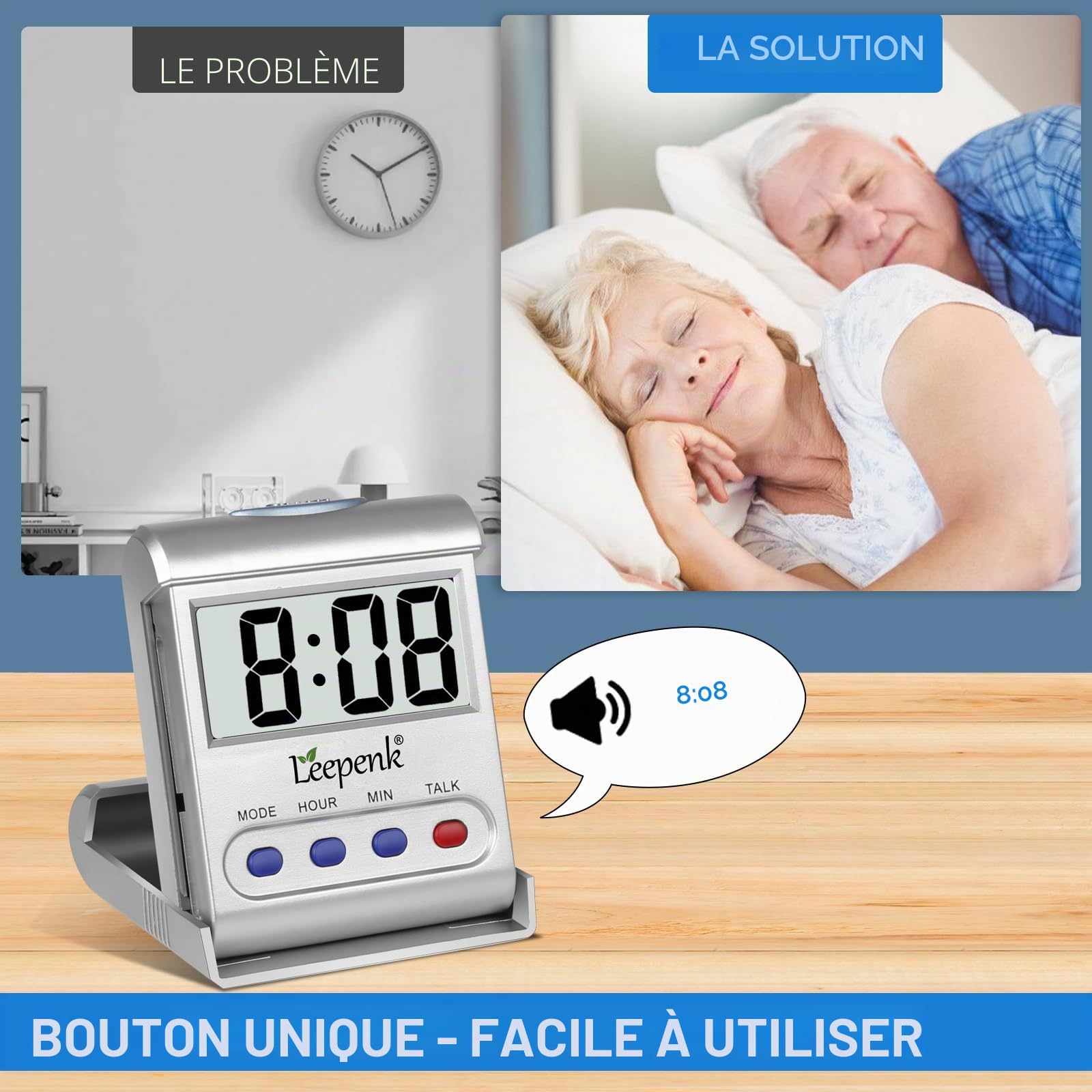 LEEPENK Lot de 2 horloges parlantes pour Personnes âgées aveugles, réveils malentendants, Horloge numérique à Piles pour Personnes âgées