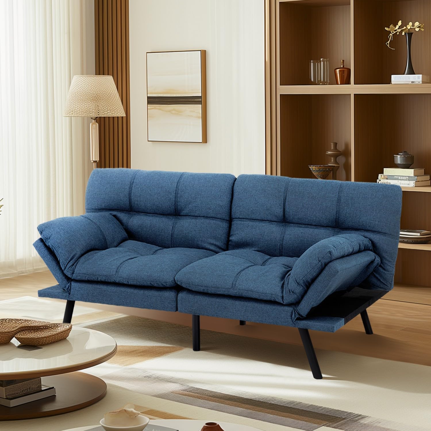 MUUEGM Futon Sofa Bed,Convertible Sofa Couch, Loveseat Sleeper Sofa, Modern Couch Bed for Living Room,Office,Apartment, 71″Fabric Futon with Adjustable Backrest,Blue