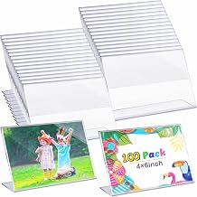 Soaoo 100 Pcs Acrylic Picture Frames Bulk 4 x 6 Inch Plastic Sign Holder Clear Frame Horizontal L Shape Acrylic Photo Slanted Back Plastic Picture Display Stand Flyer Holder for Office Home Desktop