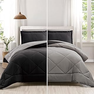 Furnishh 5 Pieces Comforter Set Twin Bed in a Bag, Reversible Bed Set with Comforter, Flat Sheet, Fitted Sheet, Pillowcase & Sham, Black and Grey Twin Size Bedding Sets for Boys, Girls