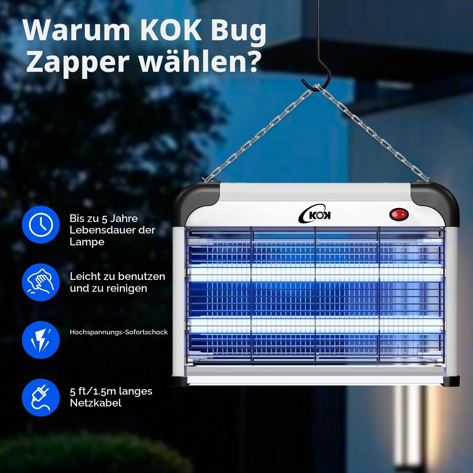 KOK 20W UV Insektenvernichter elektrisch, Mückenlampe mit Zwei Ersatzbirnen geliefert, enthält Keine Chemikalien und eignet Sich für Innenräume wie Schlafzimmer, Wohnzimmer und Küchen