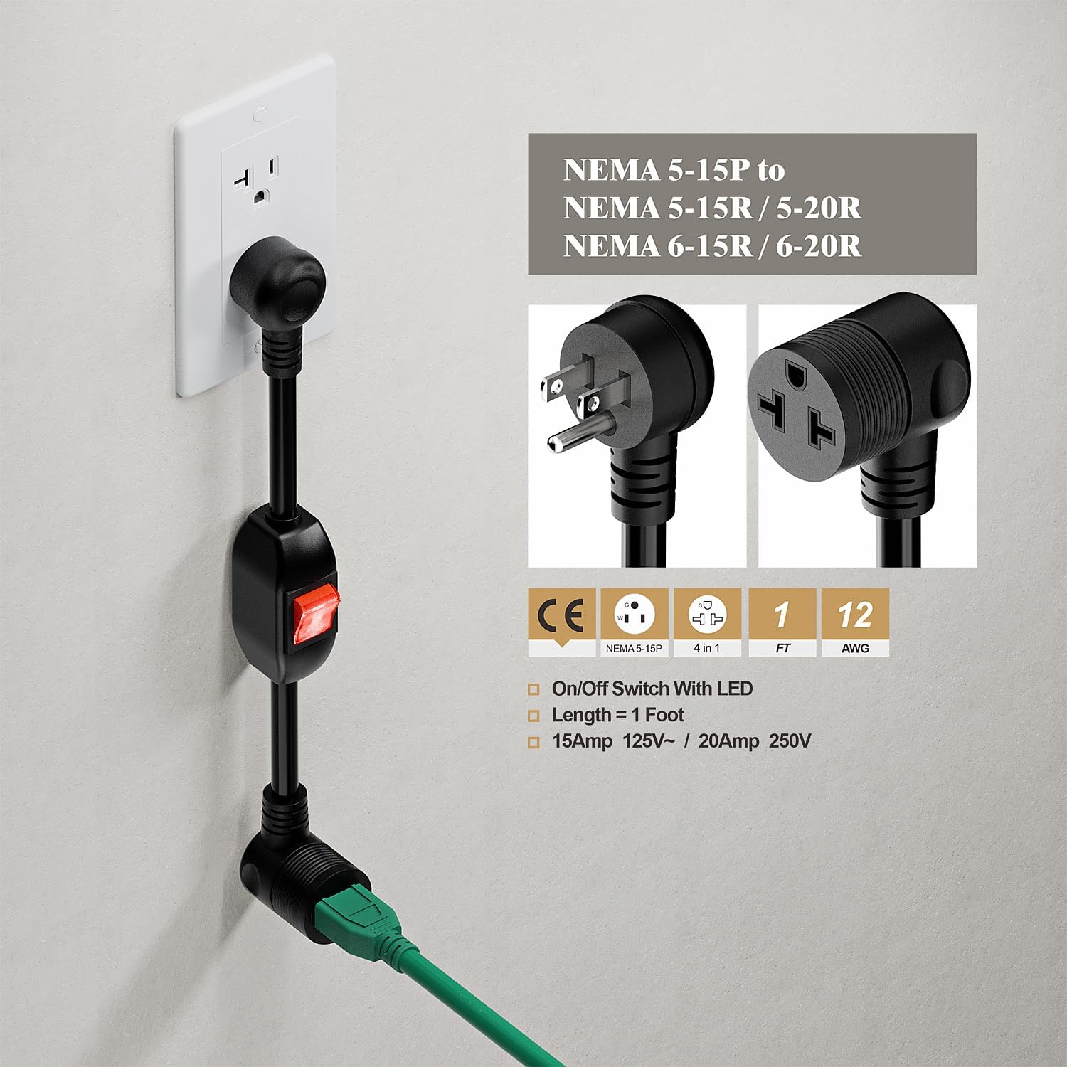 Angled Four-in-One Heavy Duty Inline On/Off Switch Extension Cord 12-AWG 15A Household Plug to 20A T Blade Adapter Cable with Heavy Duty 20A 125V Inline Switch, L=1FT