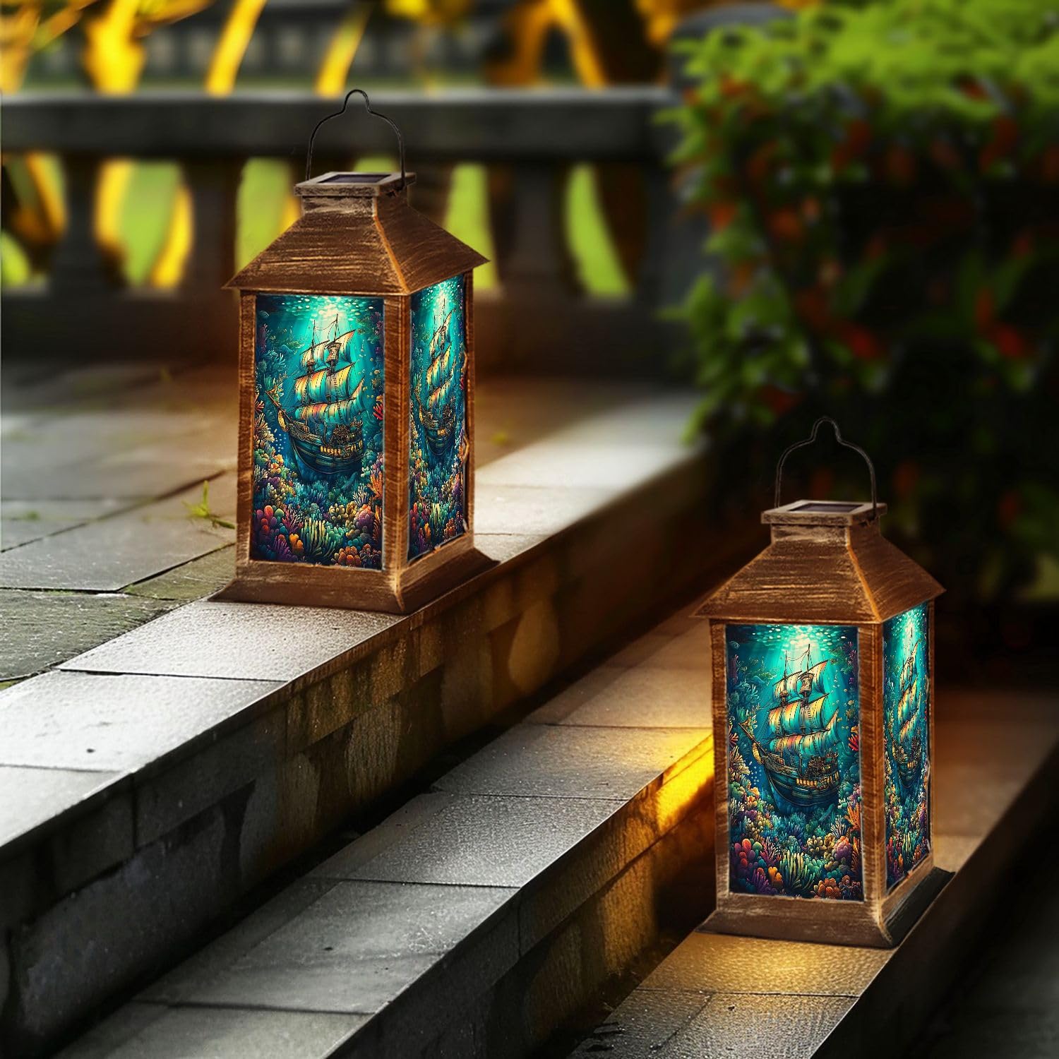 STAINED GLASS LANTERN SHADE 金魚と筍 Amazon.com: Solar Lantern Vibrant Coral Pirate Ship Stained Glass