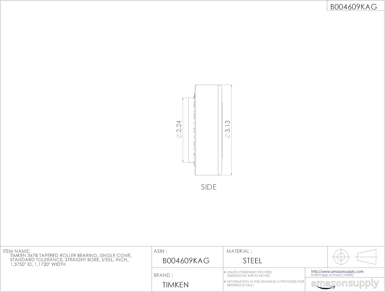 Timken 3478 Tapered Roller Bearing, Single Cone, Standard Tolerance, Straight Bore, Steel, Inch, 1.3750" ID, 1.1720" Width