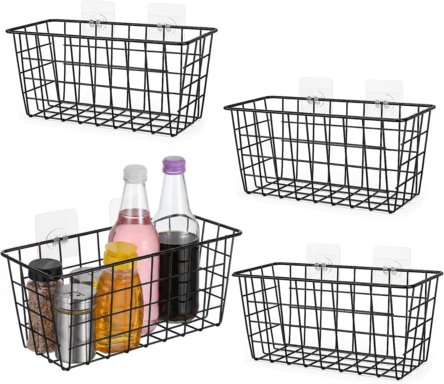 4 Pack Black Hanging Wall Baskets, Adhesive Wire Storage Organizers for Pantry, Kitchen, Bathroom, Cabinet Door - No Drilling Wall Mounted Metal Baskets with Strong Stickers