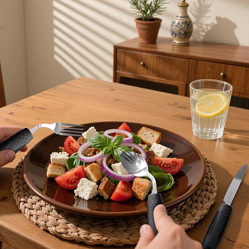 Miniatura 3 de Juego de utensilios de temblor de mano, 4 piezas de acero inoxidable con peso para comer, kit adaptativo de Parkinson, mango antideslizante para