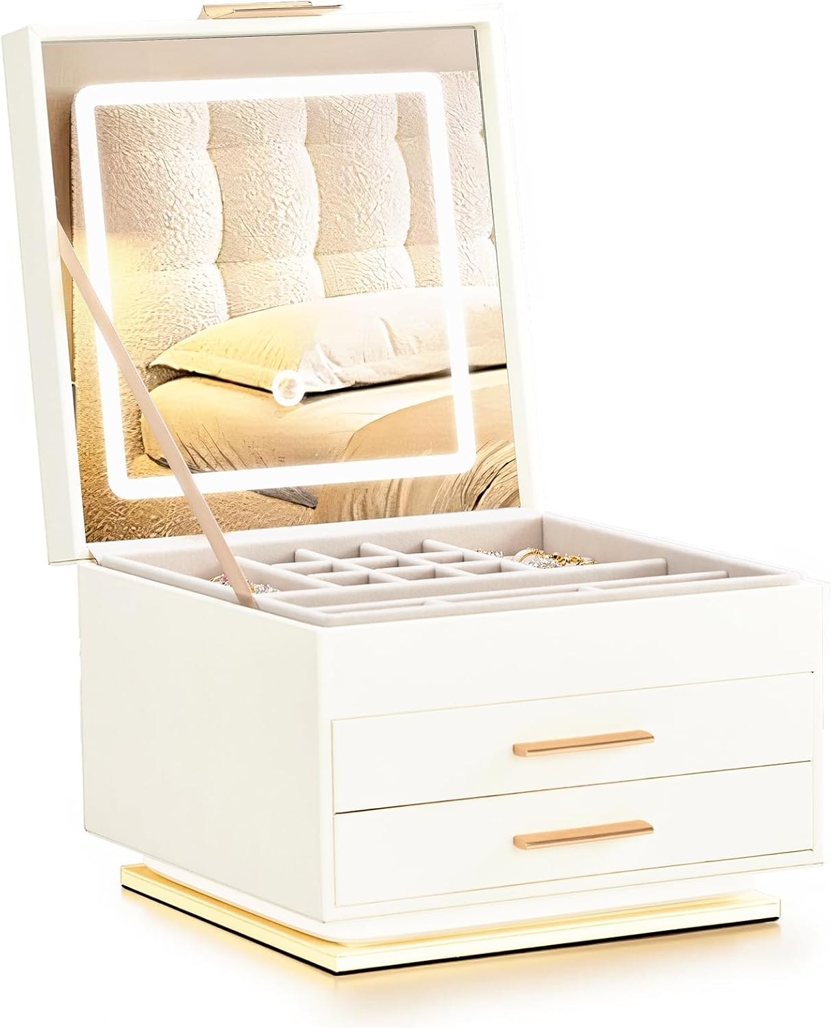 White Jewelry Box with 3-Color Mirror Light & Ambient Glow, Jewelry Organizer with Drawers, Jewelry Storage, Jewelry Holder for Earrings Necklace,Jewelry Display Case, Rotating Jewelry Storage Box