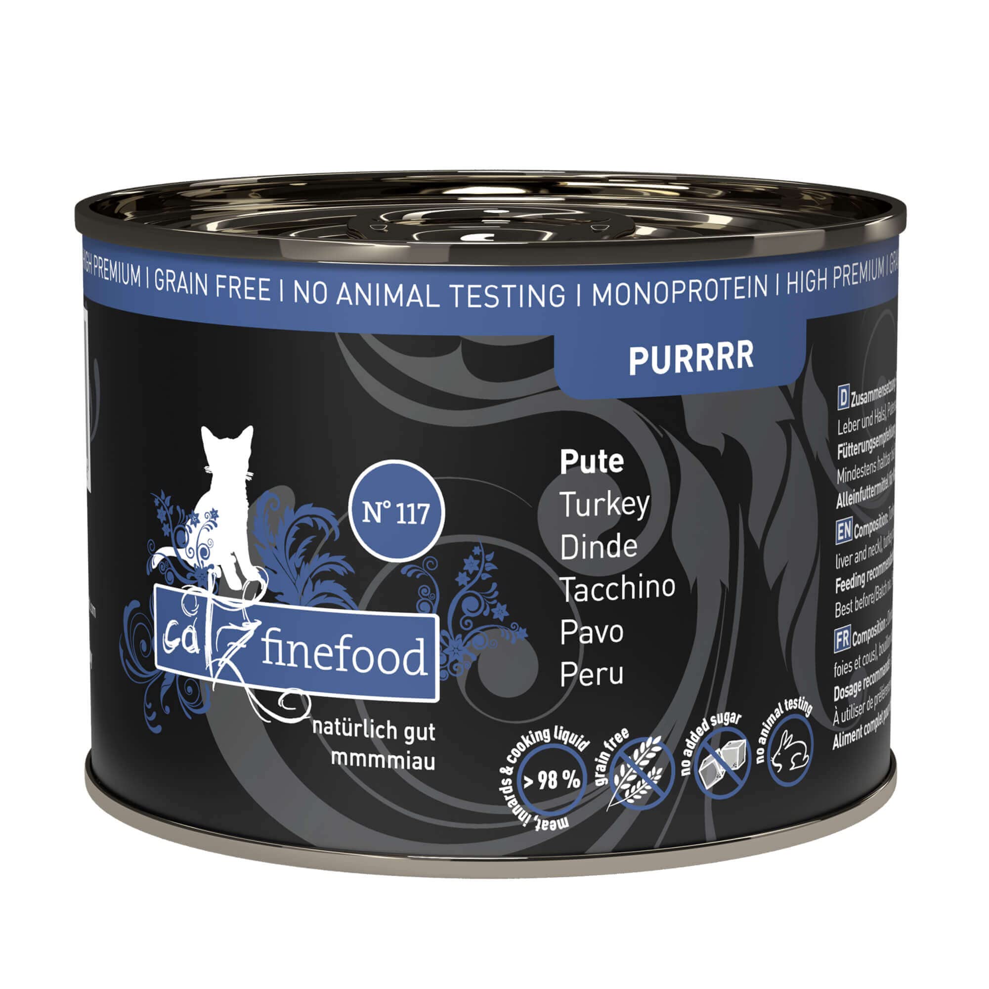 catz finefood Purrrr Pute Monoprotein Katzenfutter nass N° 117, für ernährungssensible Katzen, 70% Fleischanteil, 6 x 200g Dose