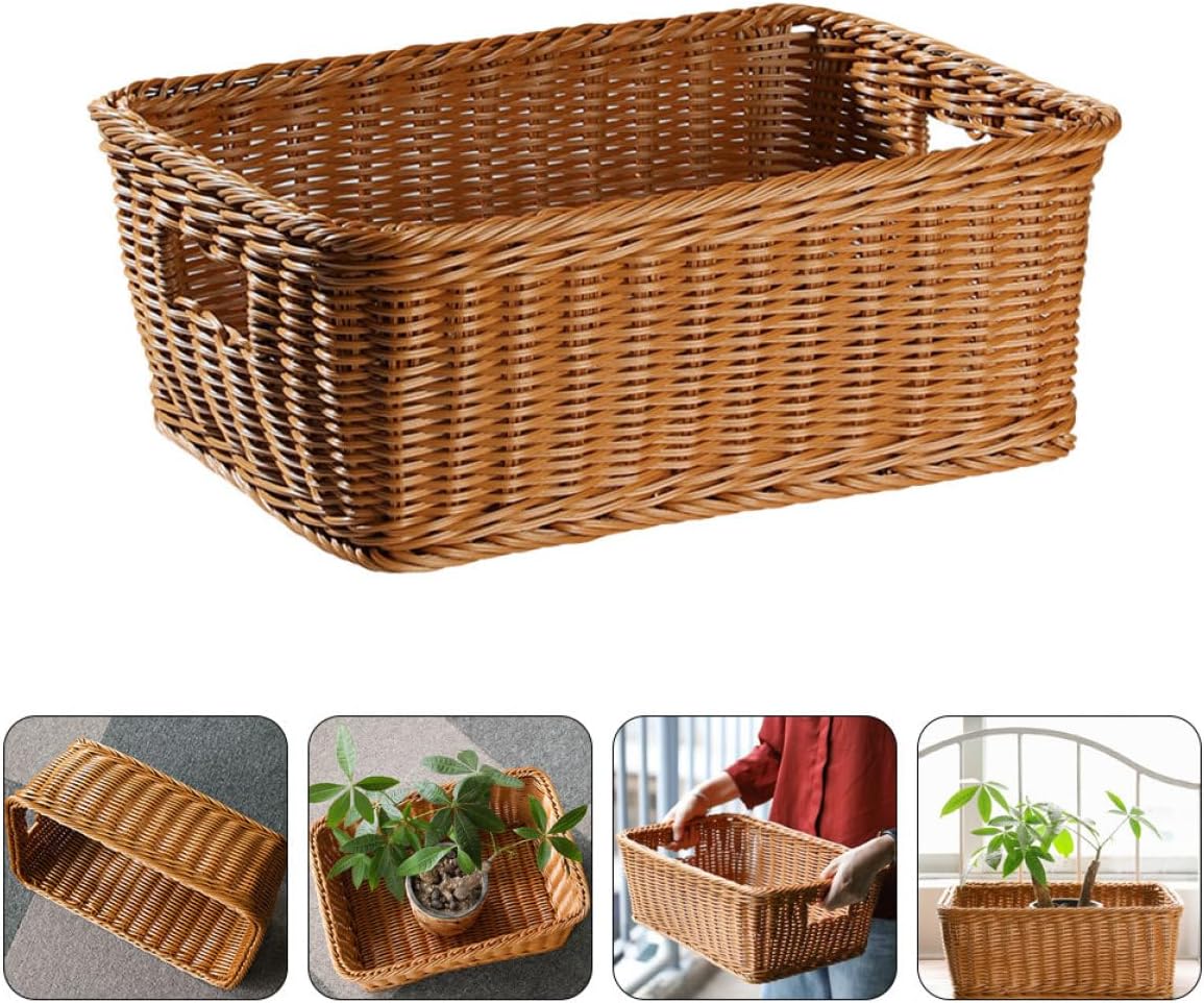 Handwoven Large Storage Basket 40.5x28x15cm Imitation Rattan Woven Organizer for Books, Towels, and Sundries in Home Office