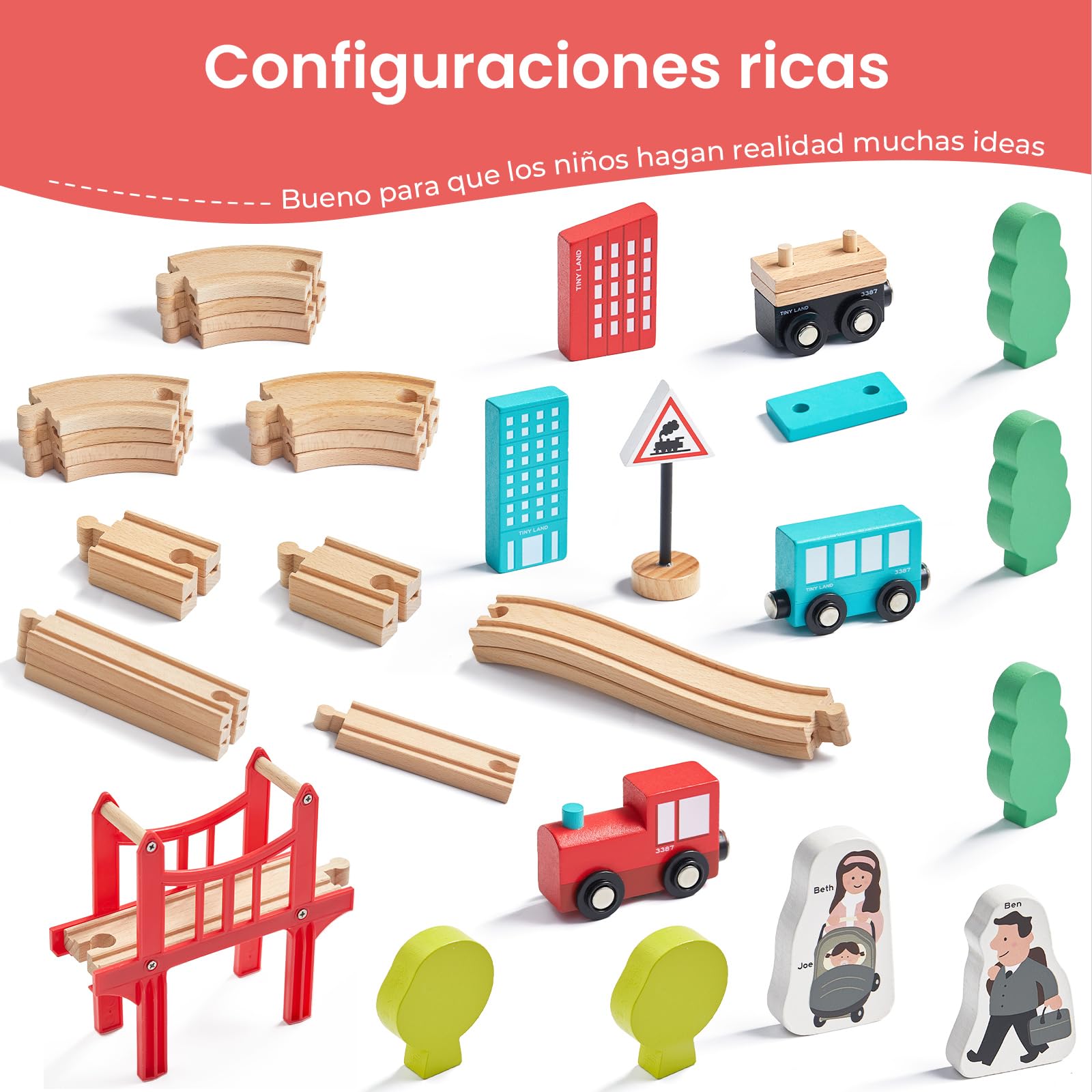 Tiny Land Tren Juguete, 39Pcs Trenes de Juguetes para Niños con Pistas de Madera, Compatible con Otras Marcas líderes, Intercambiable y Expandible, Kit de Ferrocarril de Juguete Empaquetado de Regalo
