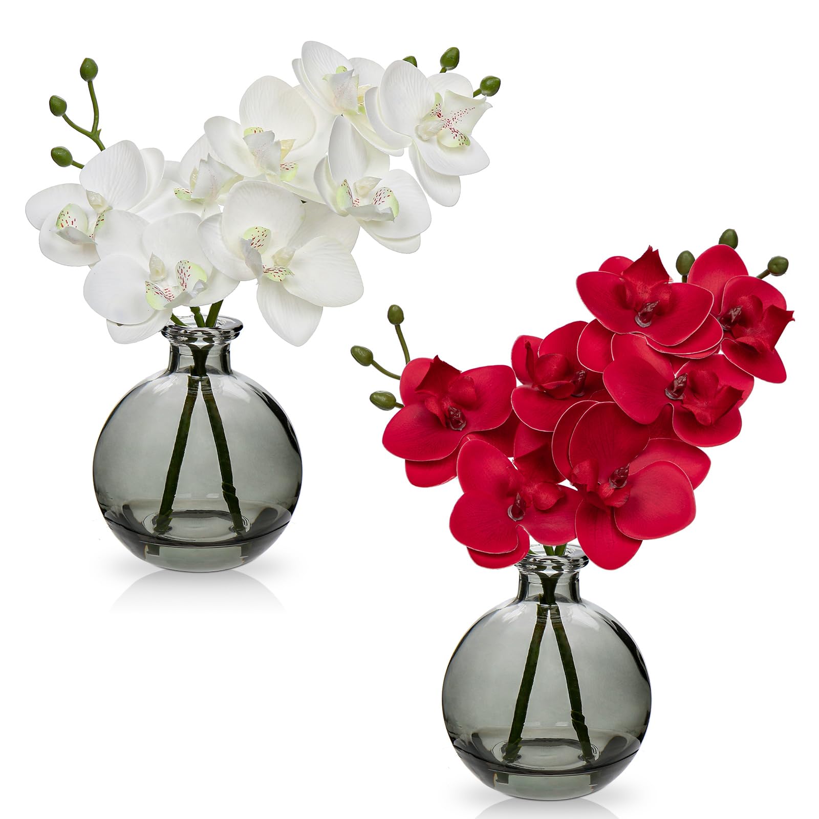 Hollyone 2pcs Artificial White Red Orchid Flower in Vase, Small Fake Orchid Plant with Glass Vase, Decorative Faux Phalaenopsis for Wedding, Centerpiece, Home Decor, Bathroom Decorations