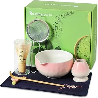 Kssiaz Juego de Batidor de Matcha, 7 Pzas Kit de Matcha para Ceremonia de Té, Juego de Té Matcha para Preparar Desayuno, Cuenco de Matcha con Pico, Batidor y Soporte, Tamiz, Cuchara, Rosa