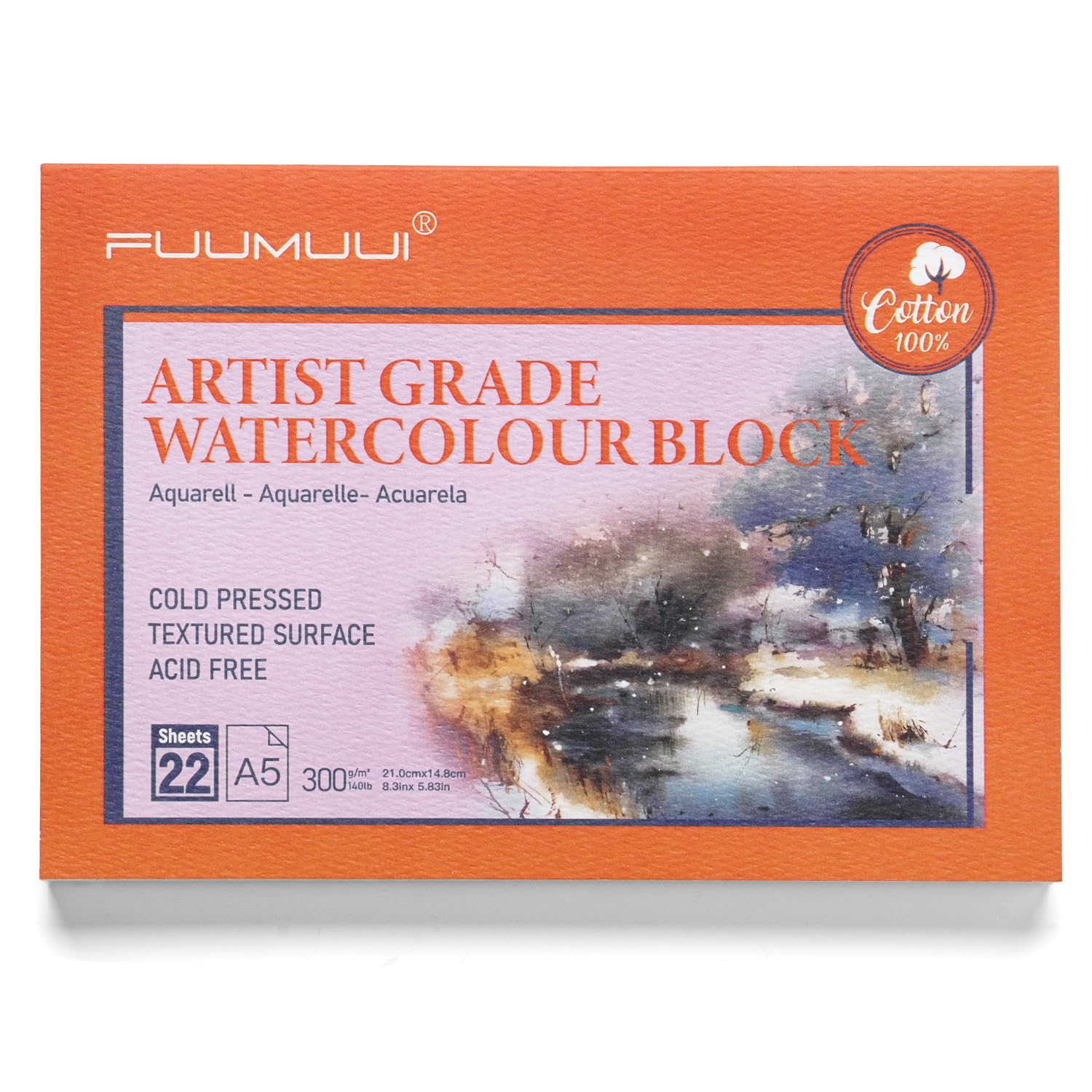 Fuumuui A5 Watercolour Paper- Upgraded Version, 22 Sheets 100% Cotton Cold Pressed Watercolour Paper Block - 140LB/300GSM Art Paper for Watercolour Gouache Ink