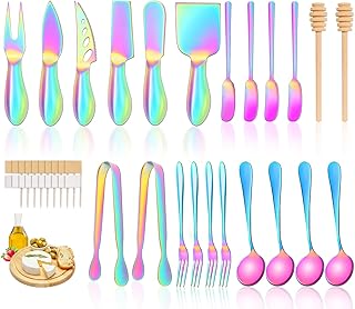 Cheese Spreader Knive Set Colorful, Stainless Steel Butter knives Kit For Cheese Charcuterie Board Accessories, Mini Cheese Knife Slicer With Tongs, Spoons, Forks,Wooden Honey Dipper