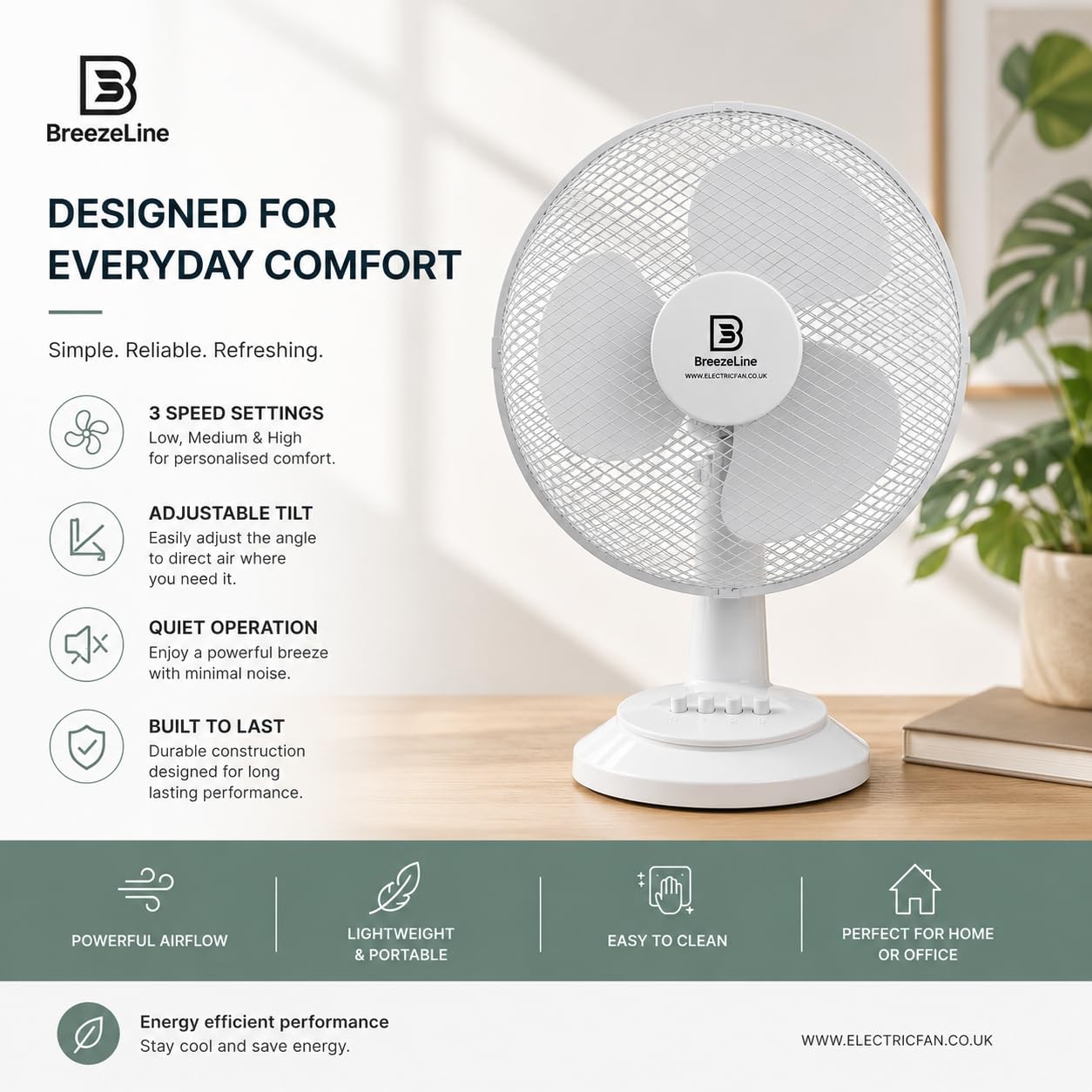 Tischventilator 30 cm mit EnergySilence 3 Geschwindigkeitsmodi 90° Oszillation 40° Neigung hochwertiges Metallgehäuse kompakter Ventilator für Büro Küche und Schlafzimmer