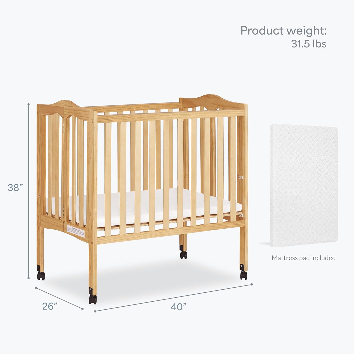 Dream On Me 2-in-1 Lightweight Quick Fold Portable Compact Mini Baby Crib in Natural, GreenGuard Gold & BSA, Patented Flat-Folding, Converts to Playpen in Seconds, Locking Wheels, 1″ Mattress Pad