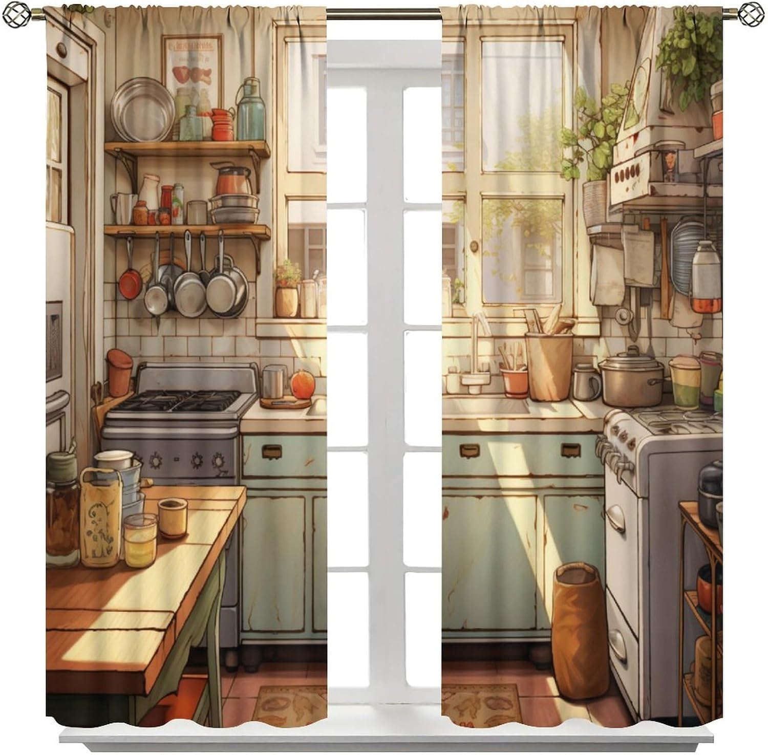 Rustic Farmhouse Kitchen Curtains Cartoon Country Farmhouse Vintage Pattern Window Drapes for Bedroom Living Room Kitchen Cafe （W20xL45 Inch） x2 Decor