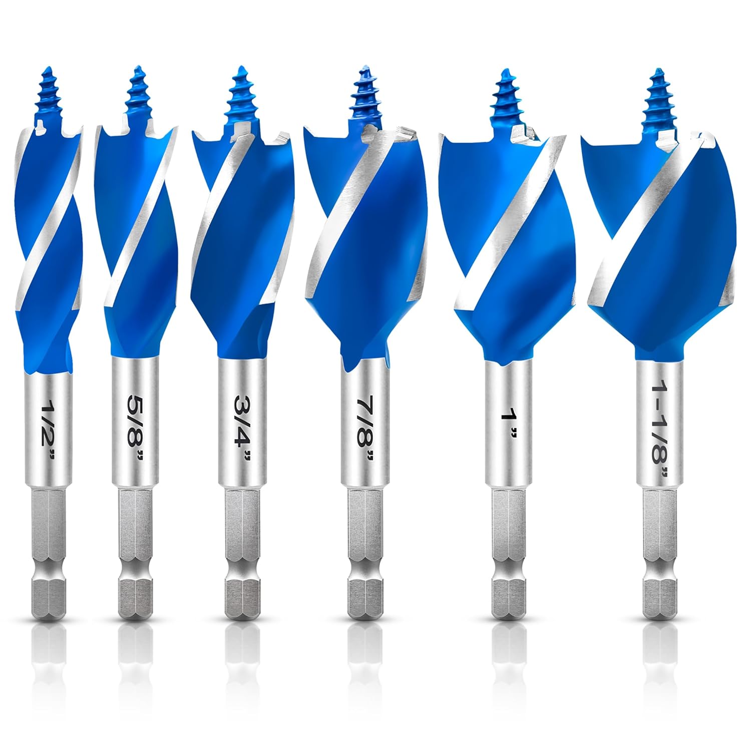 6Pcs Auger Drill Bit Set for Wood, 1/2", 5/8", 3/4", 7/8", 1" and 1-1/8" Inch Size, 4-Inch Long Impact Wood Auger Drill Bit Set with 1/4" Quick Change Hex Shank