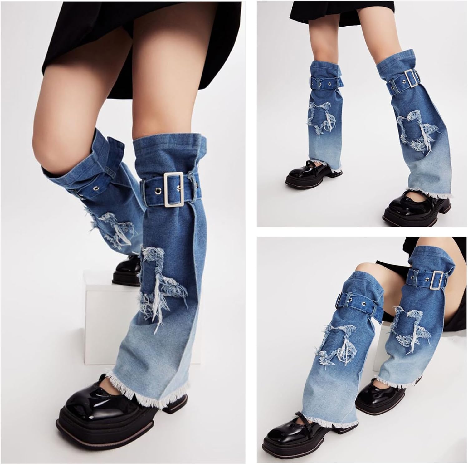 Leg Warmers, Japanese Women Buckled Strap Distressed Crosses Star Jeans Leg Warmers Punk Flared Leg Cover Long Socks