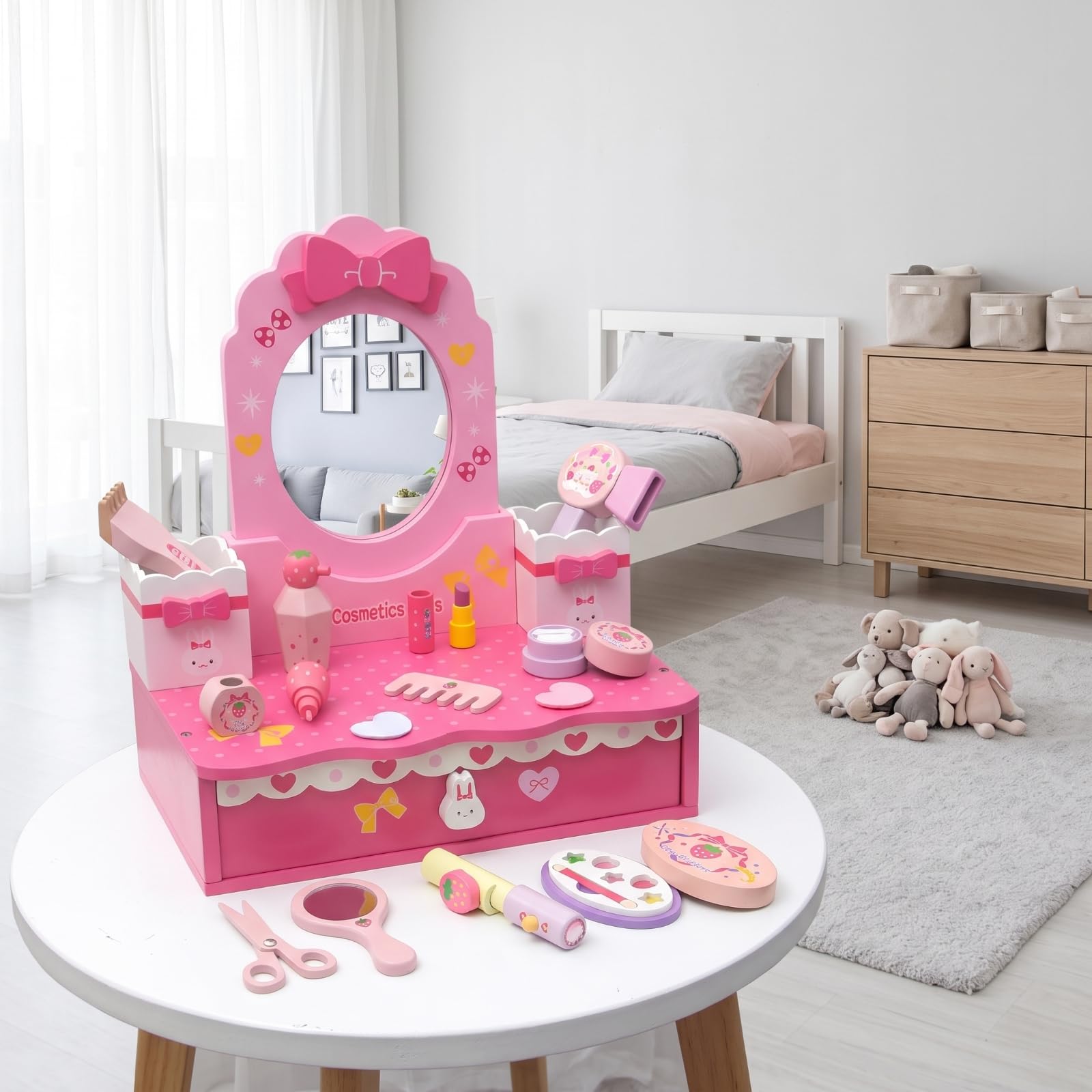 MagiDeal Tocador de Juguete con Espejo y Cajones para Niñas Pequeñas Madera Estable Diseño Clásico Compartimentos Juego de Maquillaje Fomenta