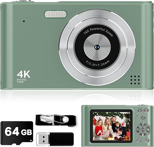 Miniatura 10 de Cámara digital para niños 1080P Cámara de vlog con 64GB, cordón, zoom 16X anti-shake, lector de tarjetas 44MP Cámara compacta portátil de punto