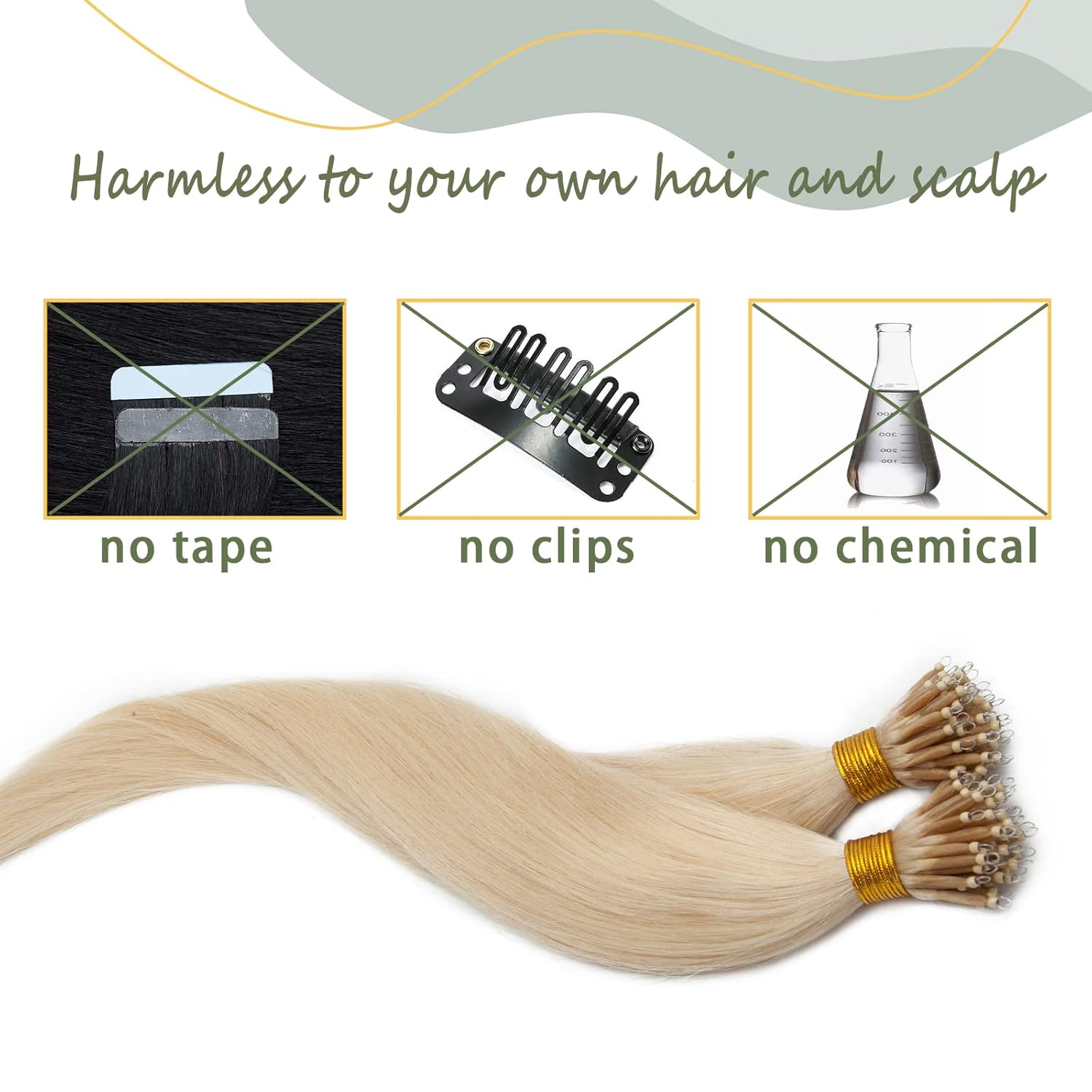 SEGO Nano Bead Ring Human Hair Extension Pre Bonded Nano Tip Remy Hair Extensions Micro Beads Rings Loop Hand Tied Hairpiece 20 Inch #613 Bleach Blonde 1g/strand 50g/pack