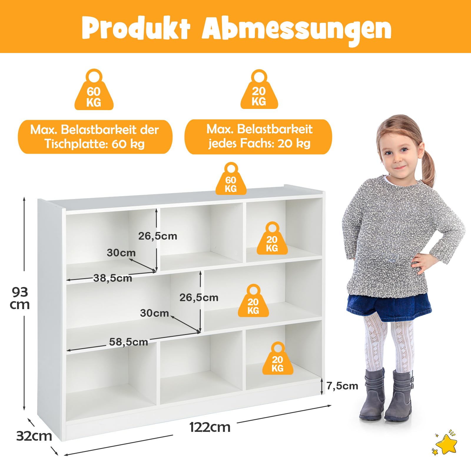 DREAMADE Kinderregal mit 8 Fächern, Bücherregal für Kinder aus Holz, Aufbewahrungsregal Spielzeugschrank Kinderzimmer Möbel, Spielzeugregal für Kinderzimmer Wohnzimmer, 122 x 32 x 93cm (Weiß)