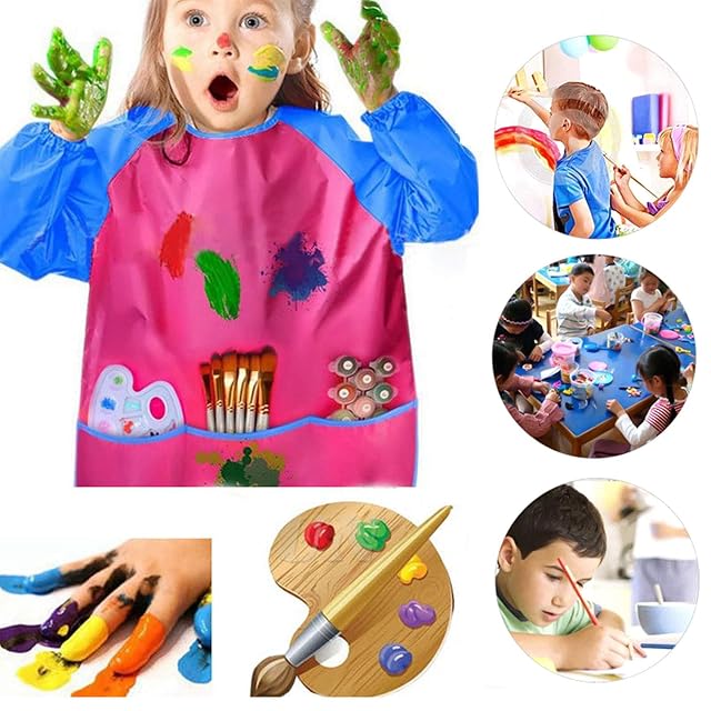 Foto 7 de 7 de Bata Escolar Impermeable 4 Piezas Delantal Pintura Niños con Bolsillos