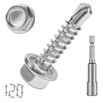 QSJ 120PCS #8 x 3/4 Sheet Metal Screws 410 Stainless Steel Hex Washer Head Fast Self Tapping Screws with Screwdriver Bit Silver